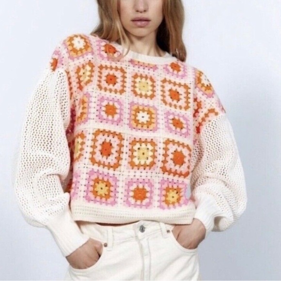 Zara Crochet Sweater Women S Patchwork Square Colorful Puff Sleeve Granny Boxy - Picture 13 of 14